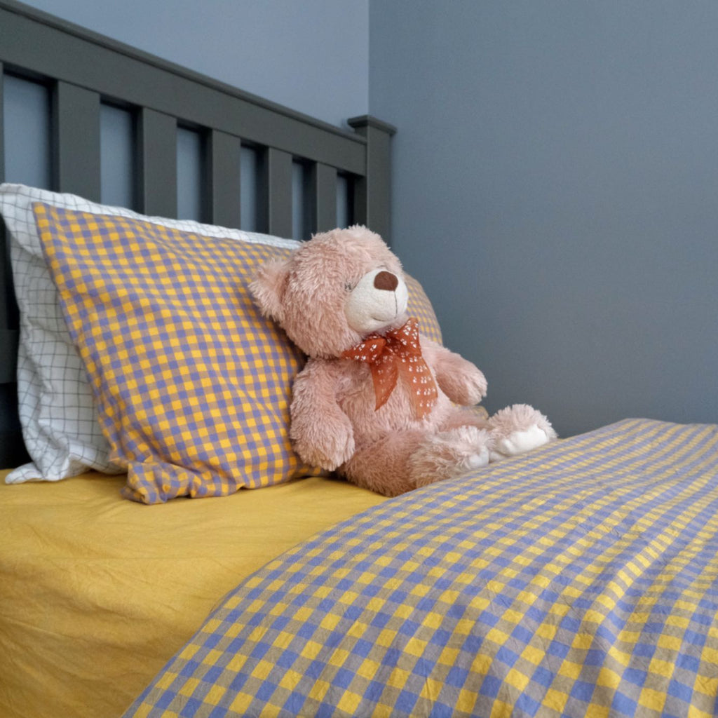 Stonewashed Cotton Yellow Purple Gingham Quilt Cover